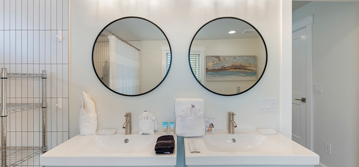 Bathroom with towels and guest toiletries provided