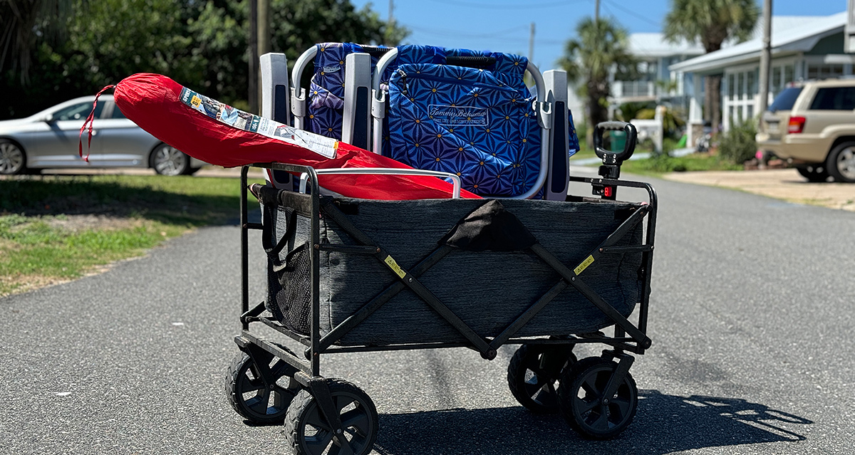 Beach chairs, umbrella, cooler and wagon provided