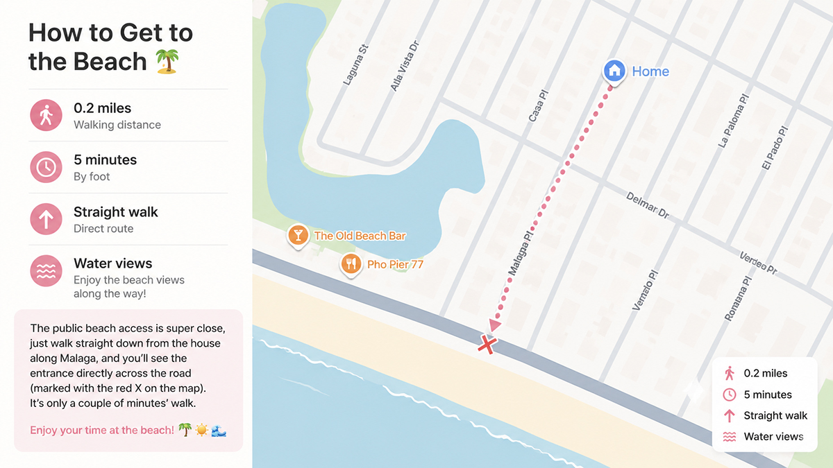 Walking route from The Beach Break to Laguna Beach access